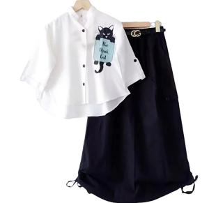 Setelan anak Rok Sablon Kucing Free Belt - Size S M L XL - Stelan anak Viral Crinkle LD 70 78 80 87cm- Mat Crinkle Airfflow