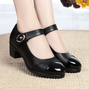 Womens Korean Black Leather Work Shoes & Womens Thick Heel Soft Dance Velcro Shoes 2024 New