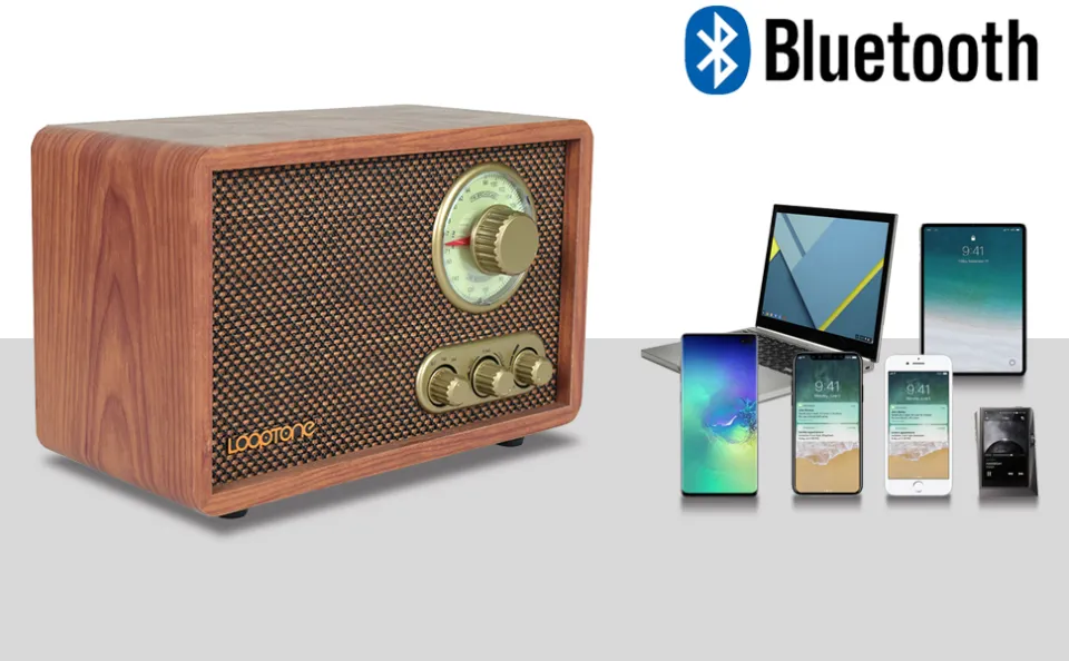 LoopTone Tabletop AM/FM Hi-Fi Bluetooth Radio Vintage Retro Classic Radio W/  Built-in Speaker Treble&Bass Control Hand-crafted Wood