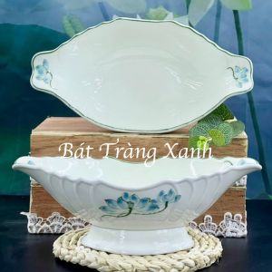 Bát gà cúng Bát Tràng sứ nung khử cao cấp - Bát bày gà men kem vẽ tay hoa sen xanh - Bát (đĩa) thuyền đựng gà lễ lᴏại 1