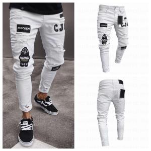 Hopeu Frayed Decoration Letter Pattern Jeans for Men Ripped Skinny Mens Jeans Destroyed Slim Fit Denim Pant Zipper US