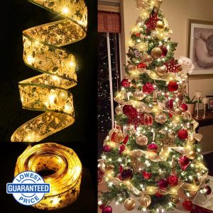 Christmas Tree Ribbon String Lights - 13ft 40 LED Battery Powered Fairy Lights with Timer and 3 Lighting Modes Ribbon Bows Light for 6ft - 8ft Christmas Tree Decor