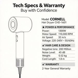 CORNELL High Speed Hair Dryer 110000 RPM 3 Min Dry 1300W Negative Ions Lightweight Quiet CHD-1601