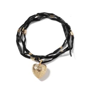 Long Black Rope Necklace with Engraved Heart Pendant Daily Wear Neckchain Adjustable Chain Choker Handmade Gift for Her