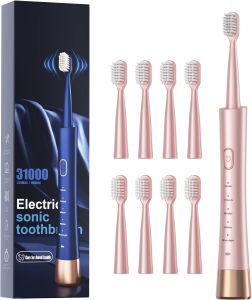Sonic Electric Toothbrush for Adults USB Rechargeable Sonic Toothbrush with 8 Brush Heads Smart Timer 5 Modes 2-Hour Fast Charge Last 30 Days Pink