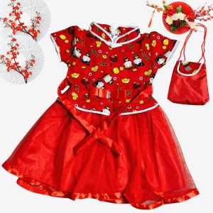 Dress Anak Perempuan Motif Imlek Karakter Lucu+Tas Serut Cantik Warna Merah Usia 6 Bulan-7 Tahun Banyak Pilihan Motif
