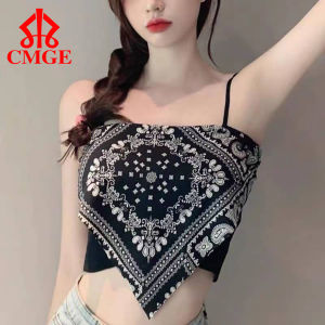 CMGE BR689 Women's Satin Tie Back Knot Hanky Hem Spaghetti Straps Cami Bandana Tube Crop Top Sleeveless Tank Top