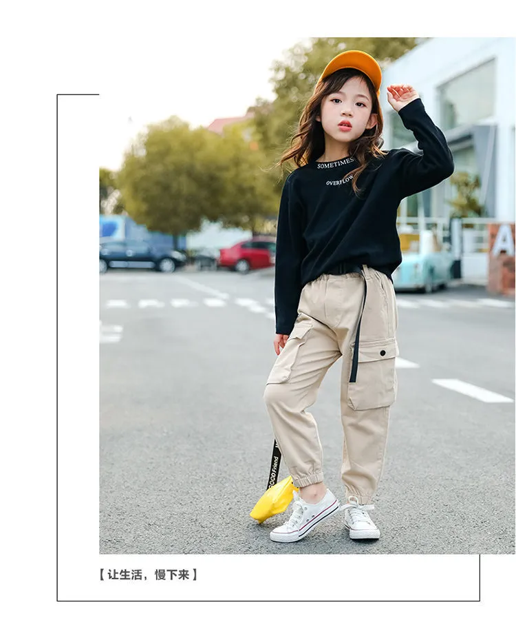 Fashion Cargo Pants for Teen Girls Cool Trousers With Belt Loose Style Kids  Cotton Sport Running Pants For Teens Girl 5-14 Years