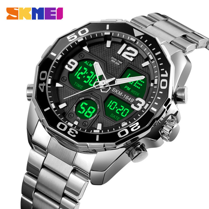 SKMEI Brand Fashion Casual Men Watch Auto Date luminous Water Resistant  Dual Display Stainless Steel Men Watch