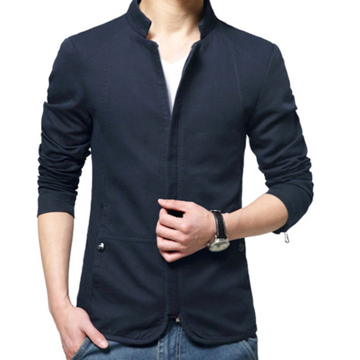 Casual Men Autumn Solid Color Stand Collar Zipper Pockets Thin Slim Blazer  Coat