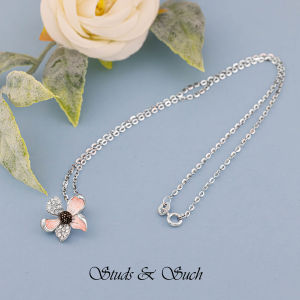 [Studs & Such] 925 Silver Necklace With Enamel Narcissus Flower Pendant Adorned With Cubic Zirconia