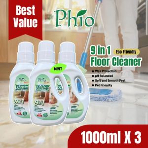 Phio 9-in-1 Floor Cleaner 1L x3 | Wax Protection | Shiny & Fresh | Pet/Kid Friendly | For Floor Washer/Robot Vacuum
