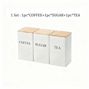 Coffee Tea Sugar Canister with Bamboo Lid Kitchen Canister Set Metal Food Storage Container Jar 3pc