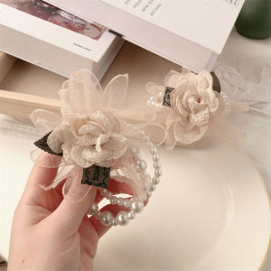 DEUKIO ฝรั่งเศสวินเทจดอกกุหลาบดอกไม้แห้งมุกที่รัดผมยืดหยุ่นยางรัดผม