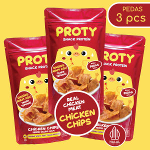 PROTY Chicken Chips Pedas (Bundle 3 pcs) Snack Cemilan Jajanan Protein Dada Ayam - Keripik Daging Ayam Asli Krispi 18 gr