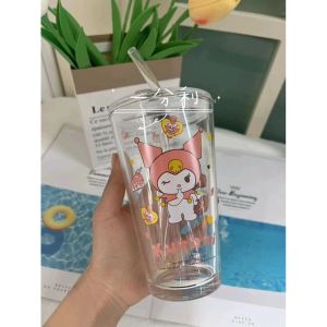Sanrio Cartoon Pattern Glass Mug  Sedotan Milk Cup 450ML/ 15.5 oz