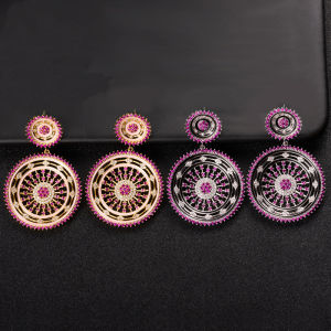 SEQUITO Retro Hollow Design Big Round Pendant Earrings Inlay Cubic Zirconia Women Statement Bohemian Jewelry Costume Accessories SE275