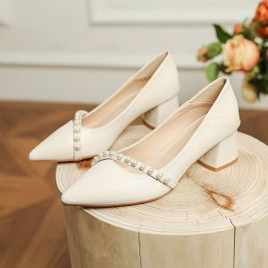 DTL-Apricot womens shallow mouth pointed toe soft leather thick heel evening style wedding shoes bridesmaid shoes wedding dress versatile medium and high heel womens single shoes