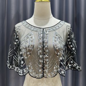 NOBLELUX 1920s Flapper Shawl Flower Cape Shawl Beaded Short Shawl Fashion Sequin Evening Wrap Women