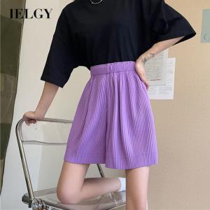 IELGY womens Korean style pleated wide-leg shorts with elastic waist and five-point pants