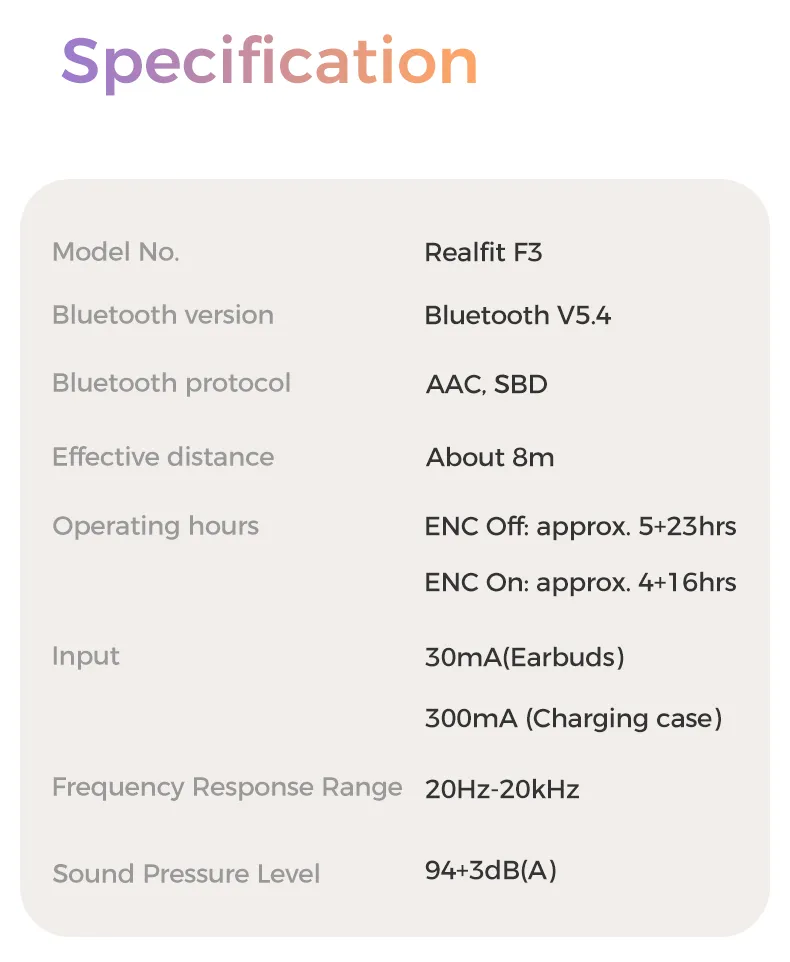 Realfit F3 หูฟังบลูทูธ -38dB ตัดเสียงรบกวน 360° Blutooth 5.4 เสียงเบสที่ดีเยี่ยม
