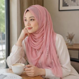 LAPBR Shimmer Beads Imitation Pearl Chiffon Hijab Breathable Rhinestone Soft Head Wrap New Lightweight Malaysia Shawl Scarf Women