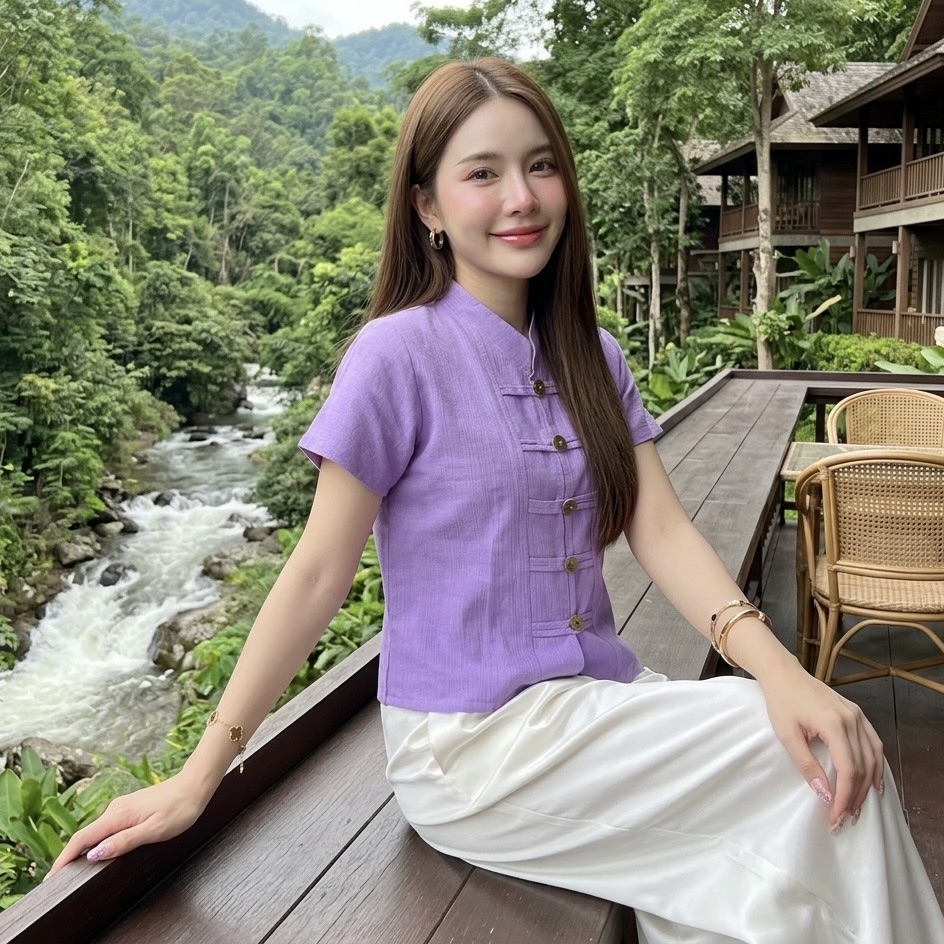 เสื้อคอจีนแขนสั้นกระดุมเหรียญ ผ้าฝ้ายชินมัย ทรงสวย ใส่สบาย ไซส์ใหญ่ก็ใส่ได้ มุมมองที่ 7
