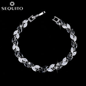 SEQUITO Hot Sale Elegant Fashion AAA CZ Stones Leaf Shape Bracelet for Party Women White Gold Plated Simple Style Bangle Jewelry (Free Extended Clasp) B051