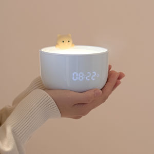 Cute LED clock night light Tea cup Cat light Touch sensor Night light with alarm clock USB charging desk lamp Childrens gift