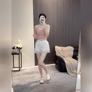 Ammin phong cách Hàn Quốc quần sooc ren thêu hoa ngọt ngào quần ống rộng ỐNg RộNg chống trượt cạp cao co giãn thắt nơ 2024 mùa hè cho nữ