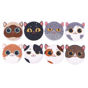 JUVIAAL Cartoon DIY Diamond Painting Coasters Anti Slip Colorful Diamond Art Coasters Material Pack Diamond Art Mirror Kits Creative DIY Cat Tablemat Diamond Art
