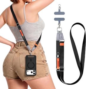 Phone Lanyard Crossbody Adjustable Ergonomic Shoulder Phone Strap    Skin-Friendly Anti Theft Cell Phone lanyard with 2 Tabs for All Phones Travel Essentials Premium Metal Buckles Black