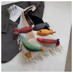 Fashion Summer Cotten Crochet Shoulder Bag Fish Fashion Tassels Beach Handbag Handbag Simple Tote Bag Shopping Bag2026