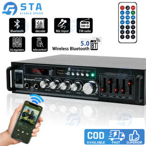 333BT 800W Bluetooth 5.0 Amplifier for speaker,2.0 Channel Audio Amplifier With Mixer Equalizer/2 Microphone/USB/Fm Radio,Car Home Karaoke Amplifier