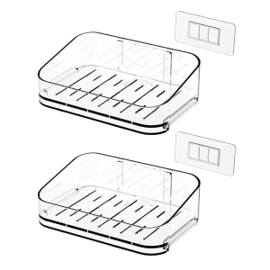Clear Plastic Soap Savers 2Pcs Set Nonslip Adhesive Mounting For Shower Wall And Countertops Detachable Drainage Tray