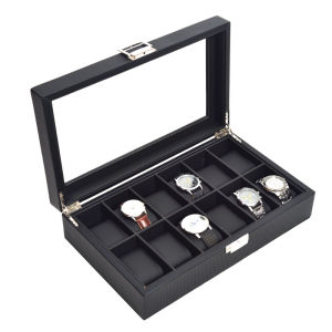 High-Grade 12 Slot Carbon Fiber Design Display Watch Box Holder Black Large