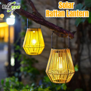 Solar Rattan Bamboo Lamp with Light Sensor Automatic ON/OFF IP65 Waterproof Retro Style Handmade Decorative Lantern