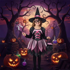 Halloween Witch Clothes for Girls Wizard Costume 2026 Kid Make up Carnival Party Hag Witch  Vestidos Dress+Hat+Wand+Bag Set