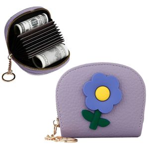 FUTUI พร้อมพวงกุญแจ ที่เก็บบัตรออร์แกนขนาดเล็ก 11 ช่อง ดีไซน์ดอกไม้ กระเป๋าการ์ดลายดอกไม้การ์ตูน แฟชั่น แบบพกพา กระเป๋าเหรียญซิป ผู้หญิง