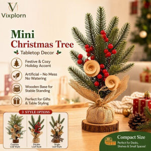 Vixplorn Tabletop Christmas Tree Ornament Artificial Mini Holiday Scene Decor Wooden Base Desk Shelf