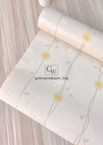 Wallpaper Vinyl Dinding Motif Mewah Bunga Bulat Akar Panjang Warna Putih Tulang Bunga Pink Bunga Kuning