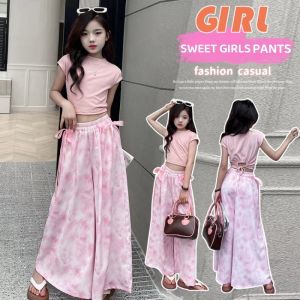 2024New Fashion Wide Leg Pants for Kids Girls Korean Style Casual Trend Loose Pants Pink Print Baggy Pants 7-16yrs