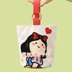 DT37 BG03 Illustration-print tote bucket bag cute canvas handbag for carrying snacks perfect for outings