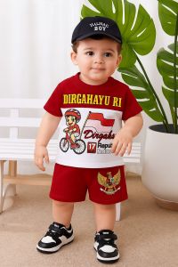 Setelan Baju Merah Putih Anak Bermotif Sepeda Dengan Bahan Katun Ready Usia Anak 3 Bulan-10 Tahun