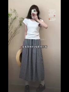 Black White Checkered A-Line Skirt Women Summer Lightweight High Waisted Long Skirt For Petite Slimming Casual 2026