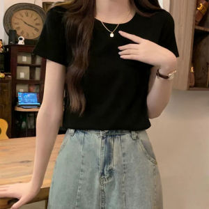 WomenS Casual Short Sleeved T-Shirt White U-Neck Korean Style Crop Top