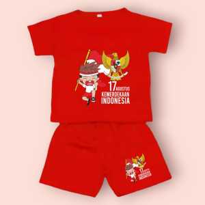 Setelan Kaos dan Celana bergambar Bocil Merdeka usia 1-10 tahun Anak Laki-Laki/Perempuan