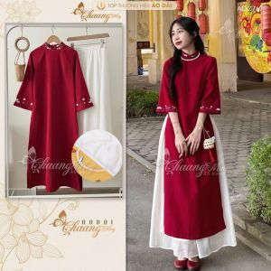 Áo dài Tết cách tân nữ dáng suông xưa Chaang may sẵn vải áo dài Nhung Tăm thêu hoa nhí xuông dự tiệc cưới lễ đẹp ADC767