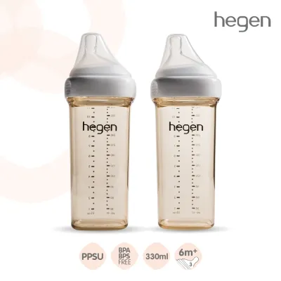 Hegen ขวดนมพรีเมียม 11oz/330ml (แพ็ค 2 ขวด) จุกนมเบอร์ 3 Fast Flow (6เดือน+) ขวดนมสีชา ทรงเหลี่ยม จุกเสมือนนมแม่ ปลอดสาร BPA Feeding Bottle