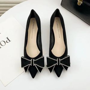 [LS] Black Shoes with Heels Bowknot Pointed Toe Office Close Shoes for Women